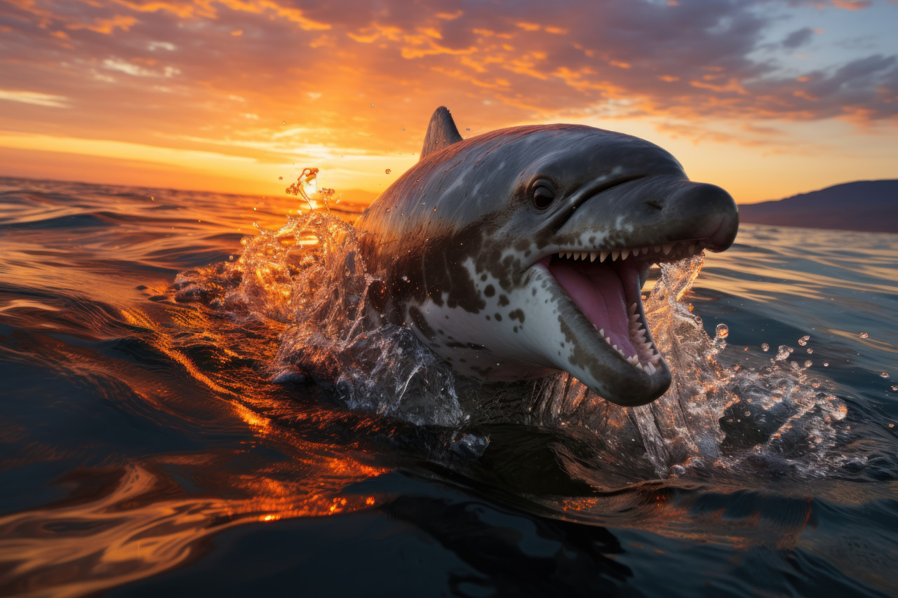 Dusk delight dolphin in mid air at sunset, beautiful sunrise image