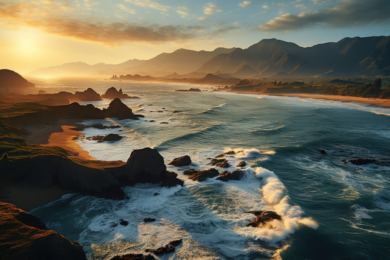 Coastal mountains basking in morning sunlight, beautiful sunrise image