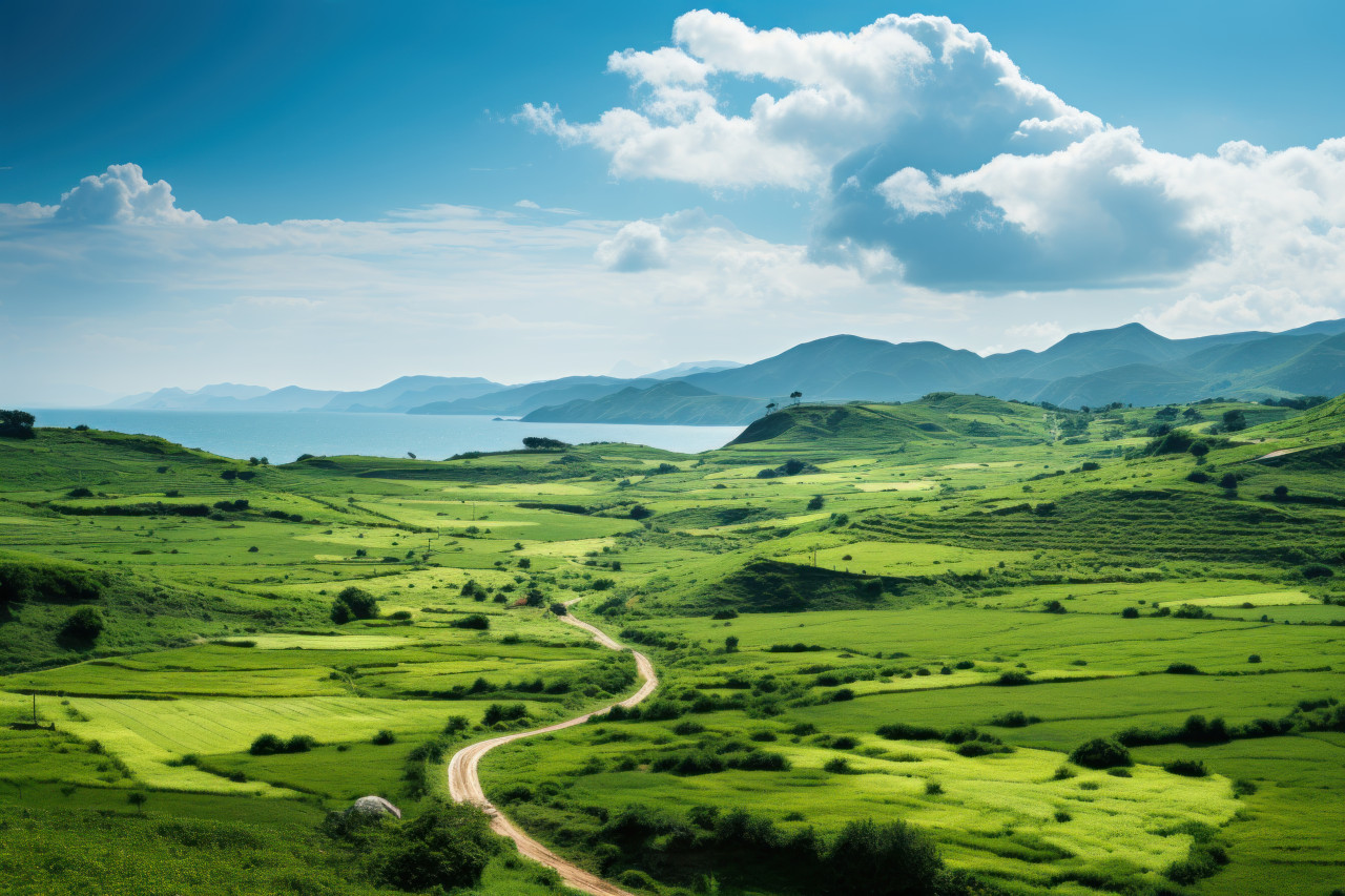 Radiant sunlight embraces greenery, beautiful sunrise image