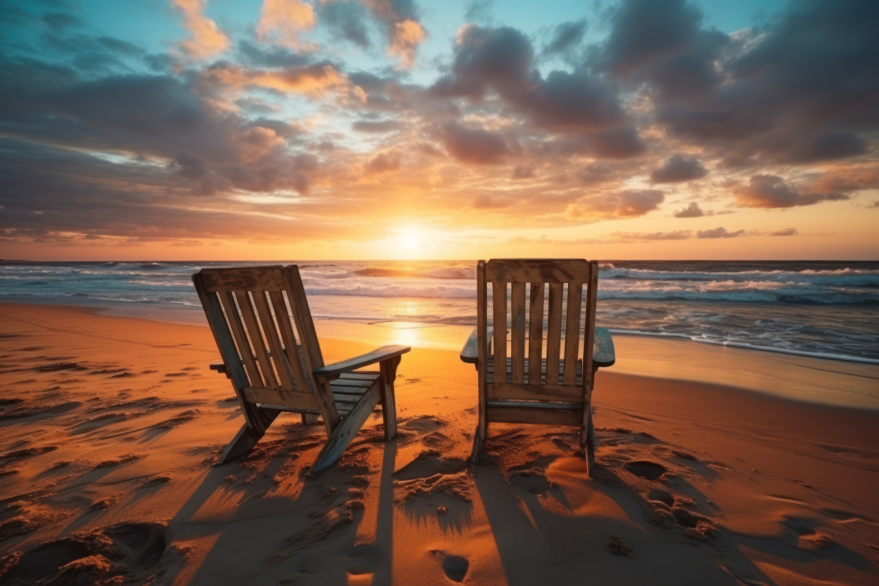 Deck chairs embracing sunset on beach, beautiful sunrise image