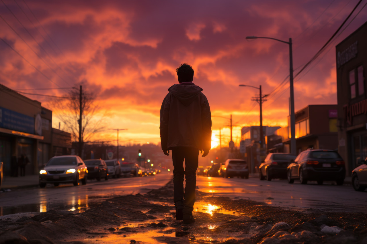 Silhouetted urban walker amidst evening glow, beautiful sunrise image