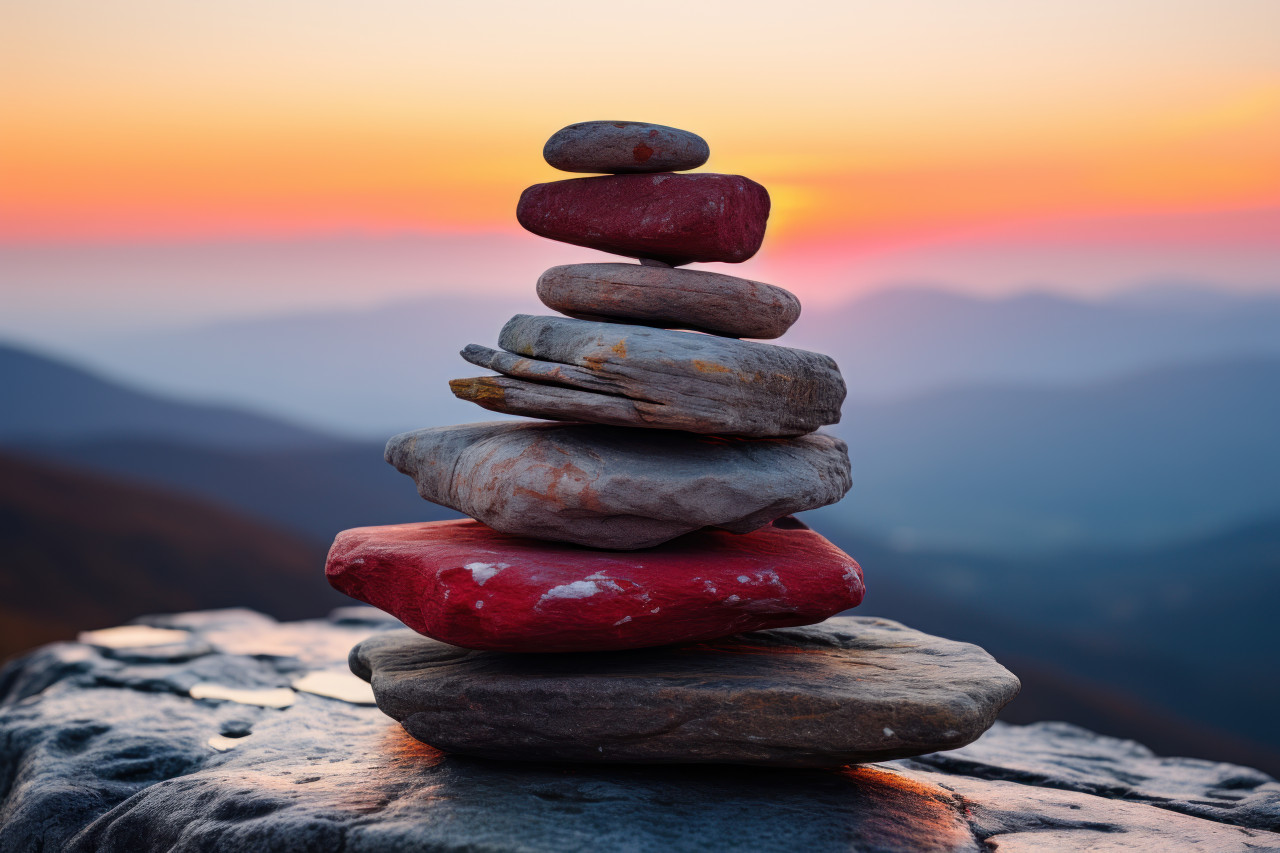 Stones balanced on rocks at dawn, beautiful sunrise image