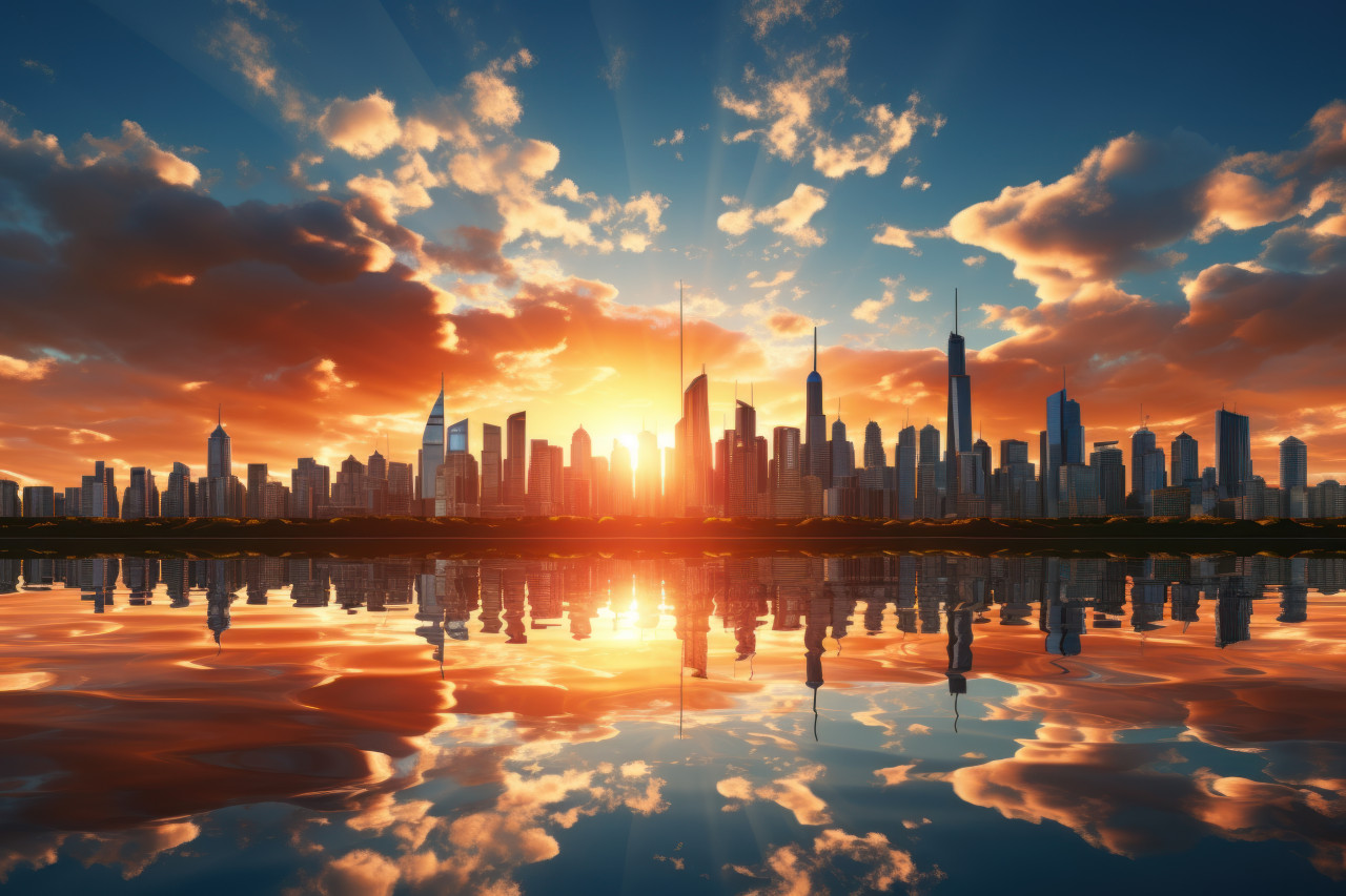Sunbeam city illuminated urban landscape, beautiful sunrise image