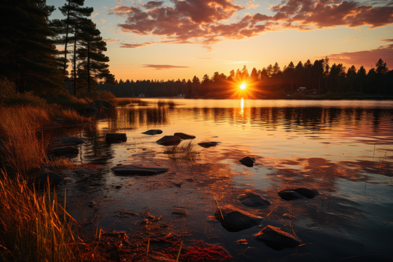 Evening radiance sun slowly descending over the lake, beautiful sunrise image