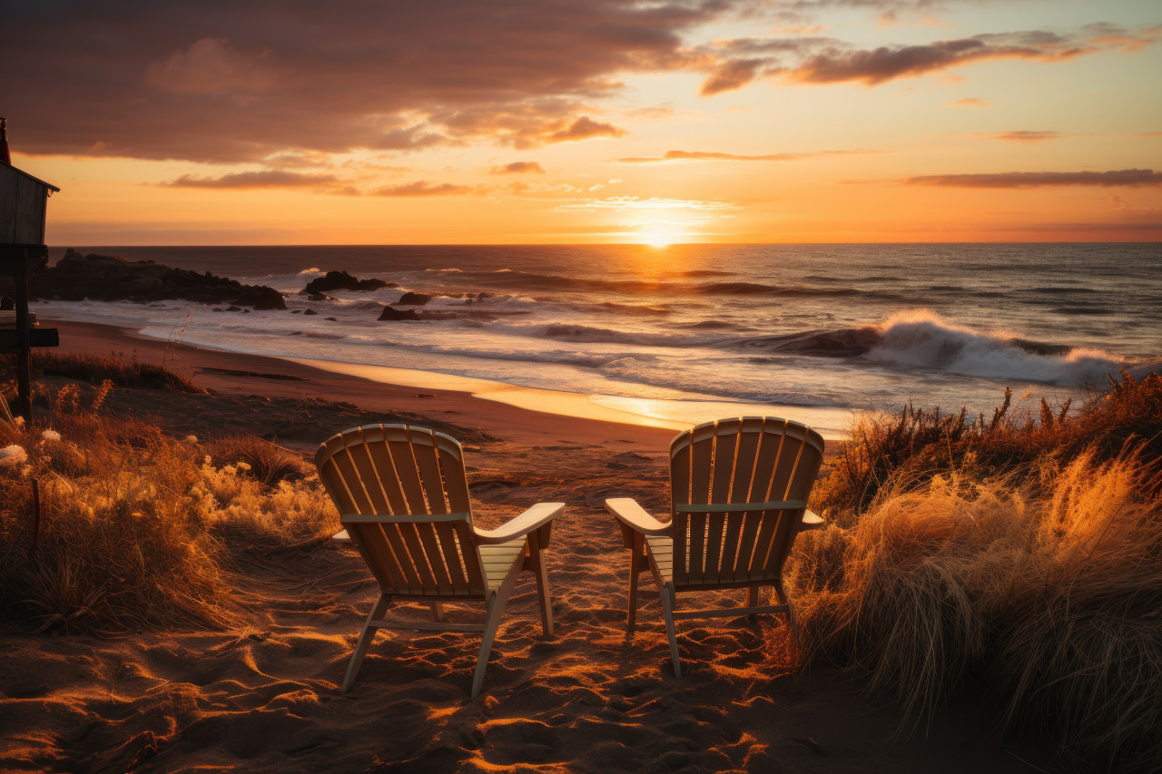 Two chairs amidst sunset glow on the beach, beautiful sunrise image