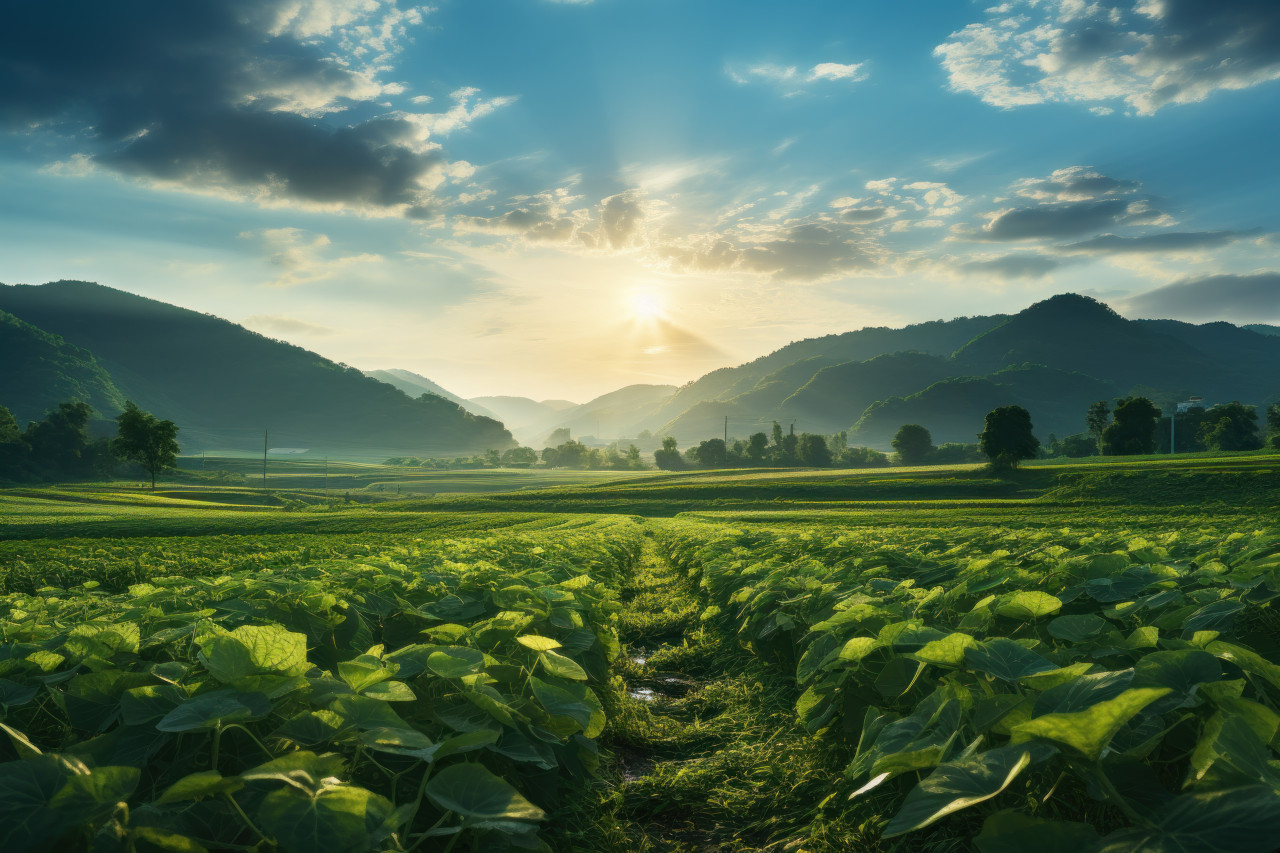 Sunlight casting brilliance across green rice field, beautiful sunrise image