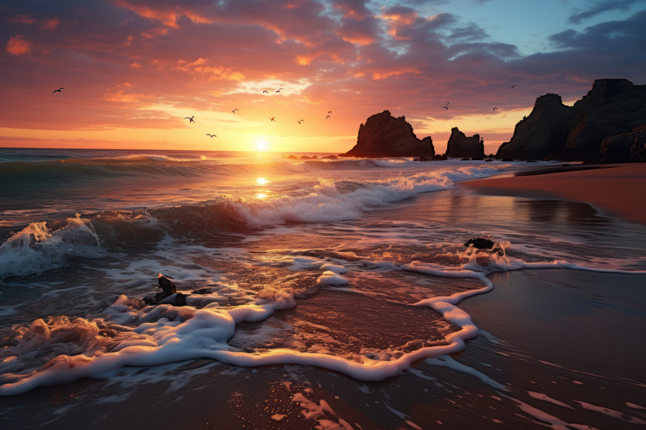 Golden scenic sunrise by the beach, beautiful sunrise image
