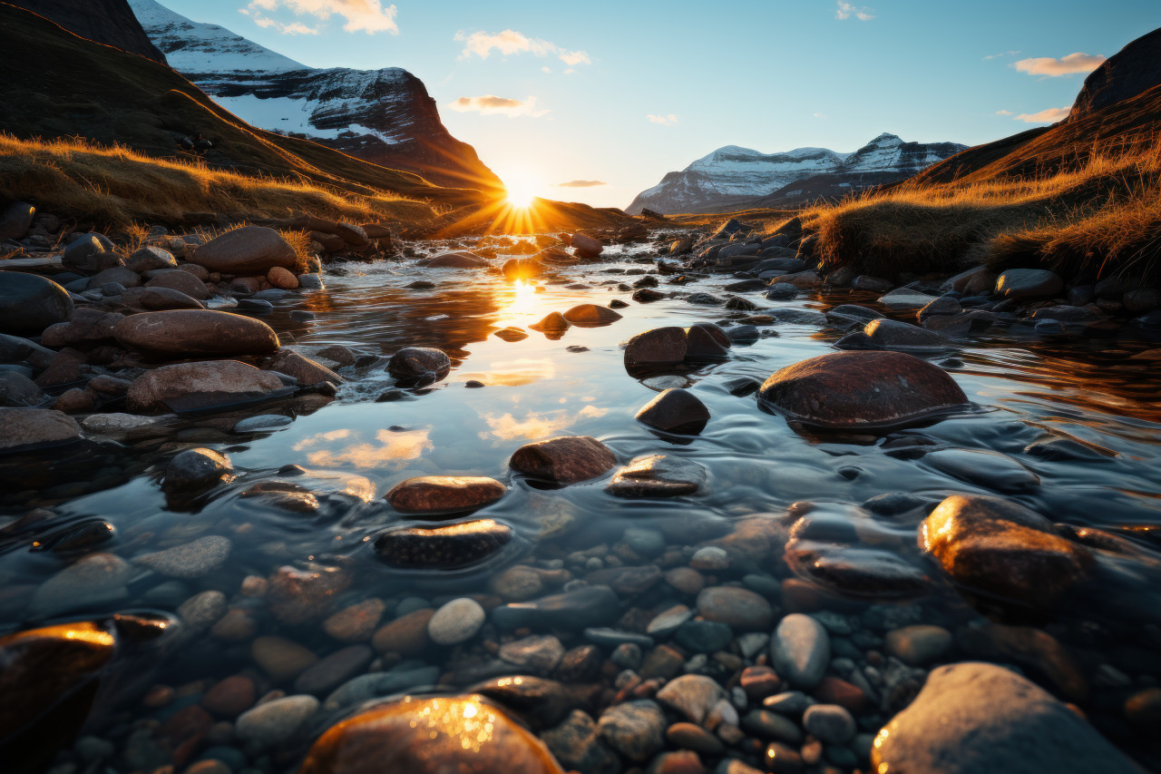Reflective waters amidst mountains, beautiful sunrise image