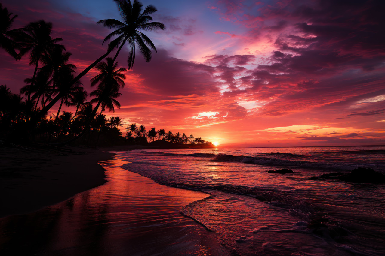 Radiant hue purple sunset and palm silhouette, beautiful sunrise image