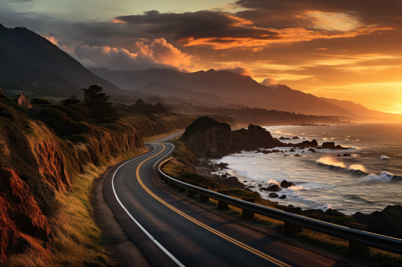 Empty road with ocean and mountain views, beautiful sunrise image