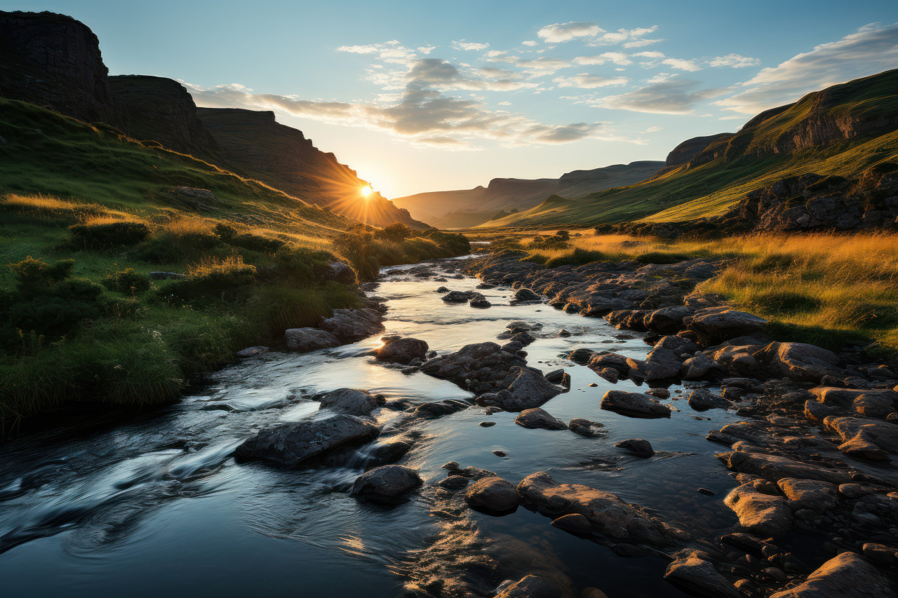 Golden hour glow sun drenched mountain lake at sunset, beautiful sunrise image