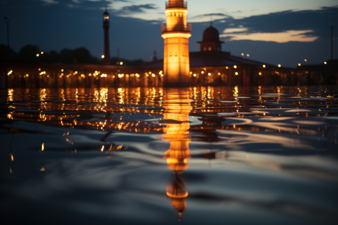 Mosque minaret reflected in water during prayer, ramadan and eid mubarak images