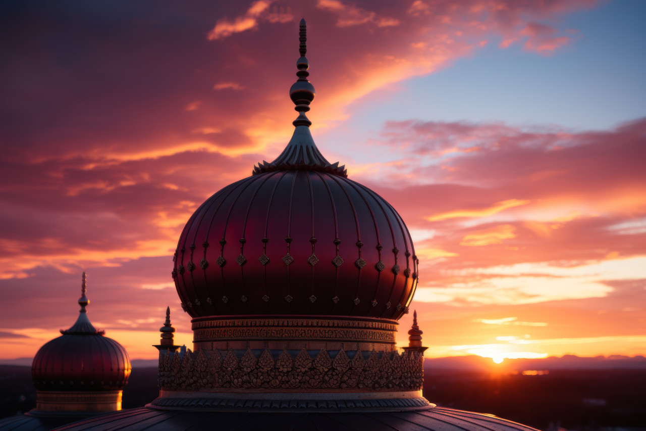 A captivating view of a mosque dome highlighting its intricate design in the colorful twilight, ramadan and eid mubarak images