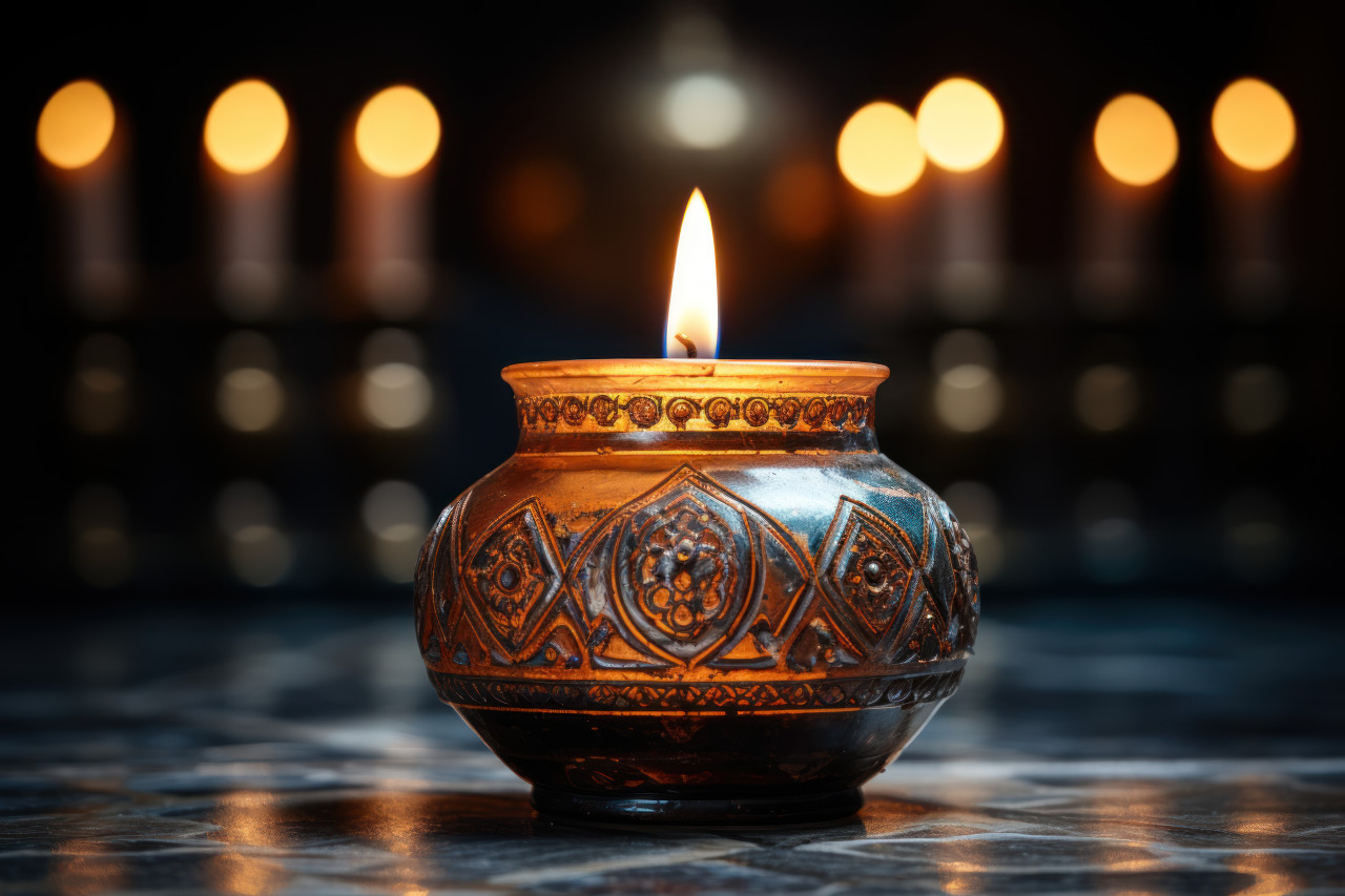 A close up of a candle in a softly lit room's prayer corner, ramadan and eid mubarak images