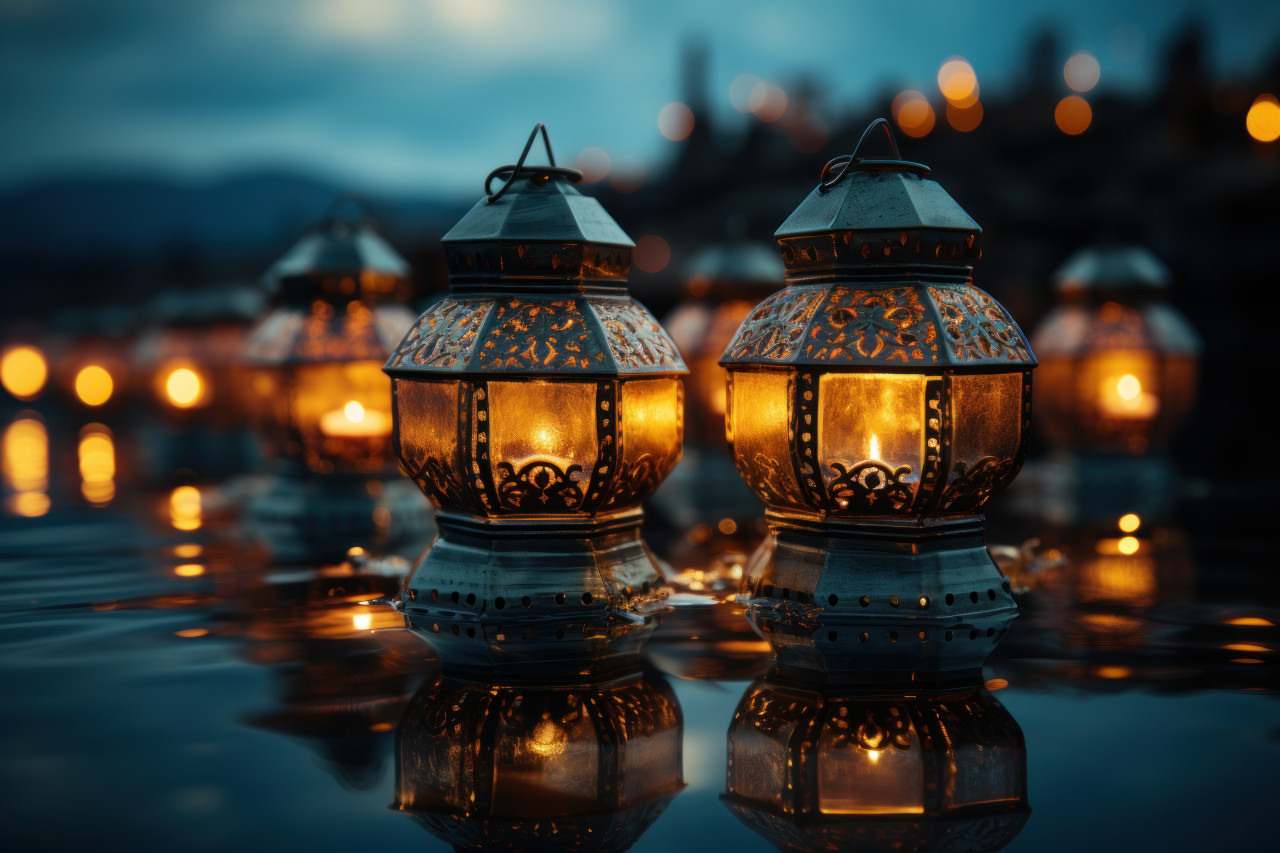 Calm water surface mirrors the tranquility of iftar lanterns, ramadan and eid mubarak images