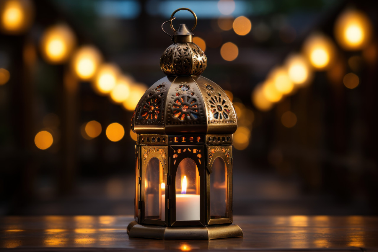 Antique gold lantern casting a soft radiance on a flat wooden base, ramadan and eid mubarak images