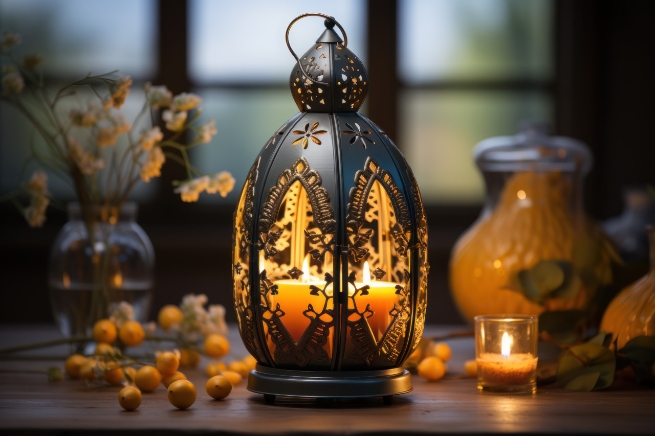 Exquisite metal lamp with intricate arabic design on a wooden table, ramadan and eid mubarak images