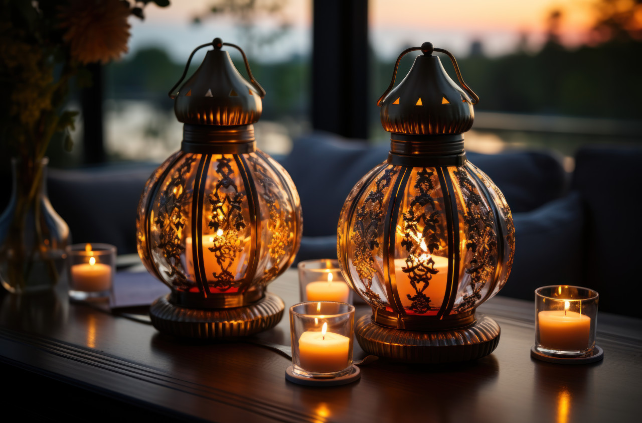 Illuminate your space with grace using dark bronze lanterns complemented by golden horn details, ramadan and eid mubarak images