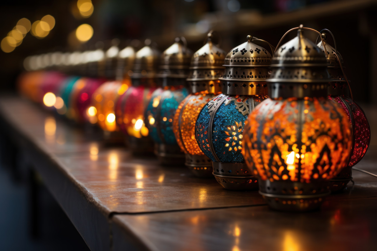 Visually stunning composition of fanoos lanterns in a mosque for a festive feel, ramadan and eid mubarak images