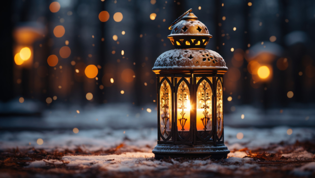 Illuminated lantern surrounded by glistening snow, ramadan and eid mubarak images