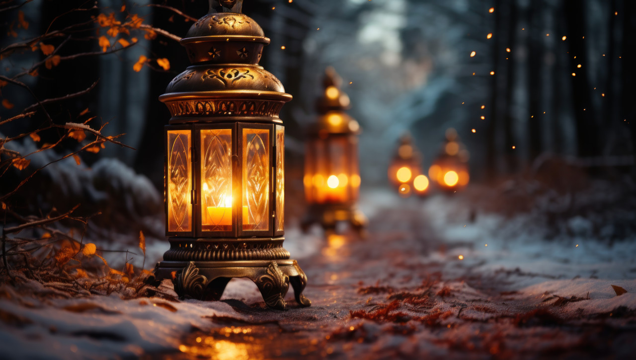 Enchanting snowy scene with a softly lit lantern, ramadan and eid mubarak images