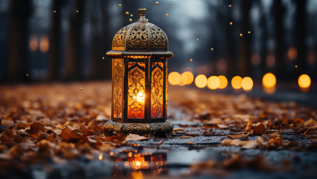 A glowing lantern creating a magical ambiance in the snowy night, ramadan and eid mubarak images