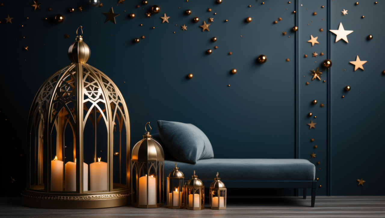 A luminous lantern surrounded by shimmering gold balls against a calming blue hue, ramadan and eid mubarak images