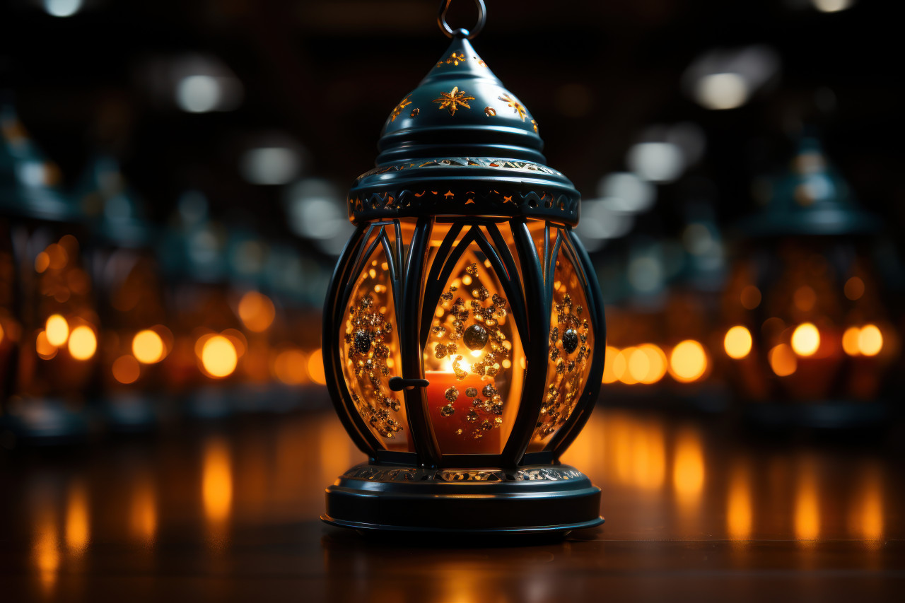 A traditional islamic lantern lit up in the night, ramadan and eid mubarak images