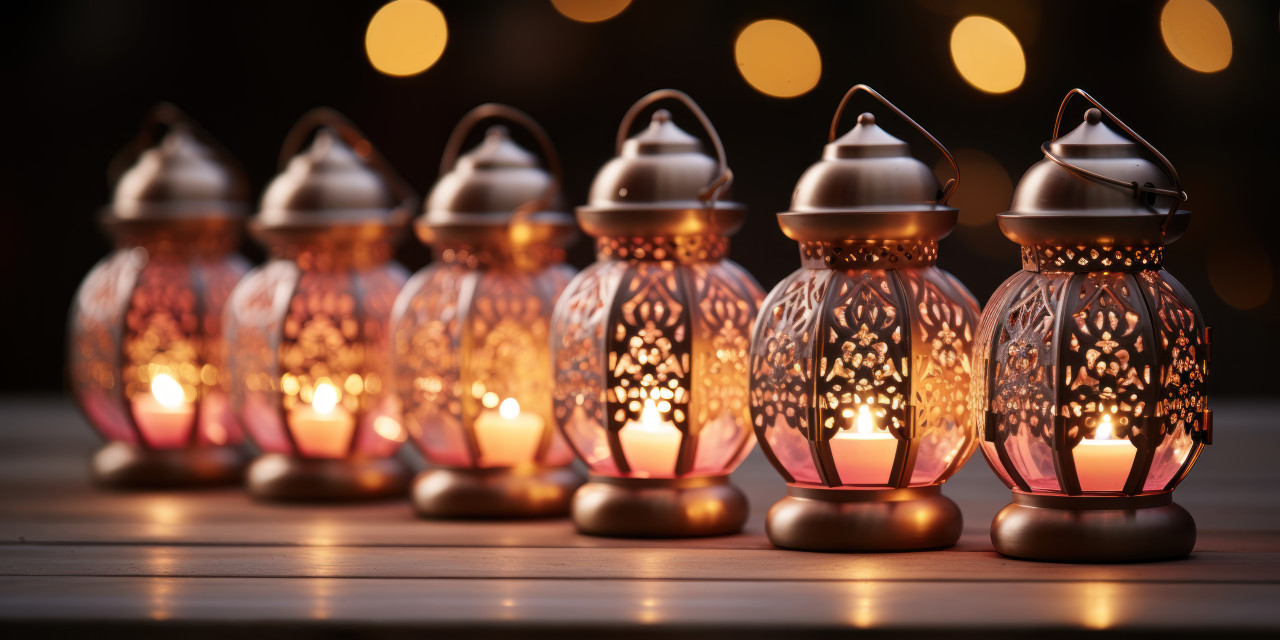 A group of suspended lanterns adds a touch of mediterranean allure to the ambiance, ramadan and eid mubarak images