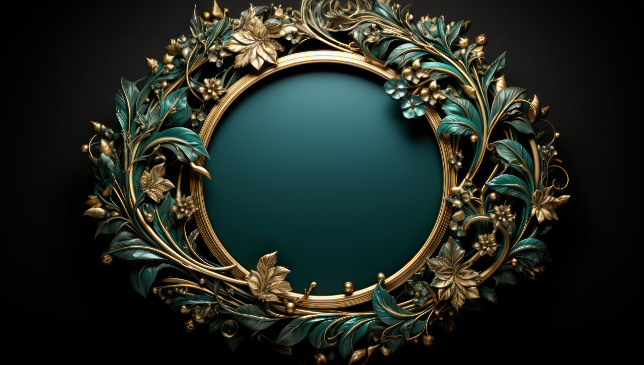 A decorative frame of gold leaves against a rustic green surface, ramadan and eid mubarak images