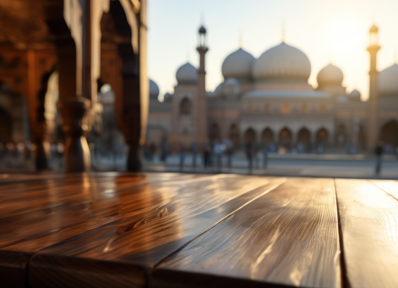 Minimalist composition of a mosque on a rustic wooden surface, ramadan and eid mubarak images