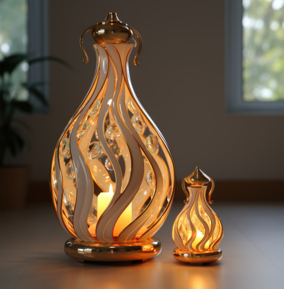 Gold arabic lamp stand with a radiant glow, ramadan and eid mubarak images