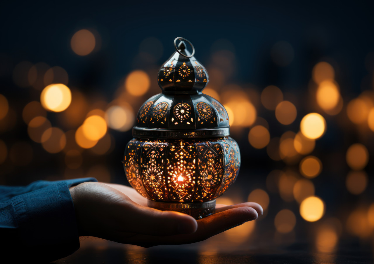 Hand holding lantern brings warm light to a dark room, ramadan and eid mubarak images