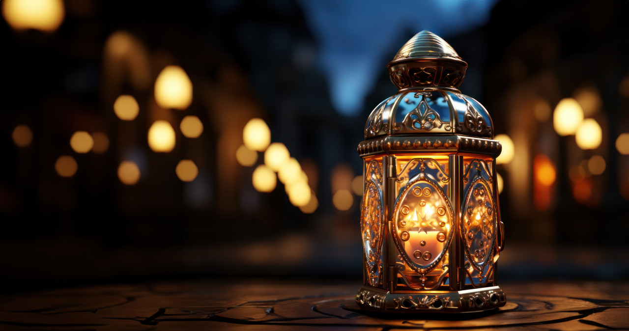 Vintage muslim lamp standing alone against a brownish grey background, ramadan and eid mubarak images