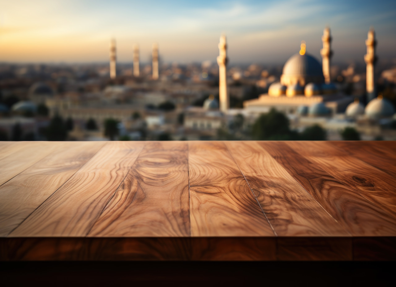 A minimalist wooden table set against the backdrop of a peaceful mosque, ramadan and eid mubarak images