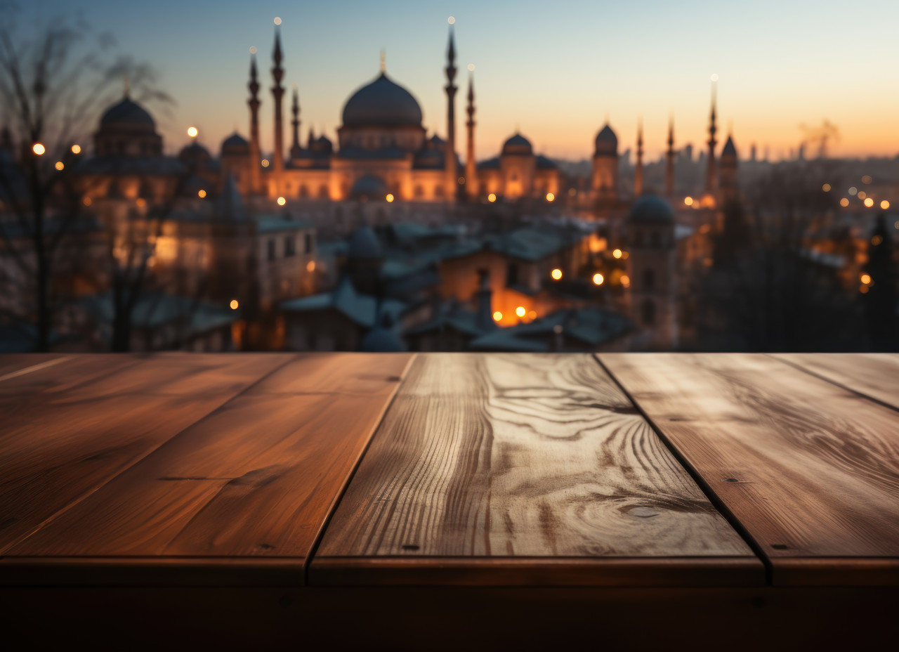 A peaceful wooden table with a distant mosque view, ramadan and eid mubarak images