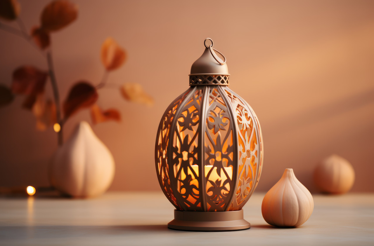 Ceramic lantern and leaf on a stylish marble table creating a calm setting, ramadan and eid mubarak images