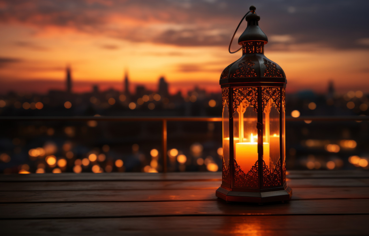 The soft glow of a lantern against the setting sun, ramadan and eid mubarak images