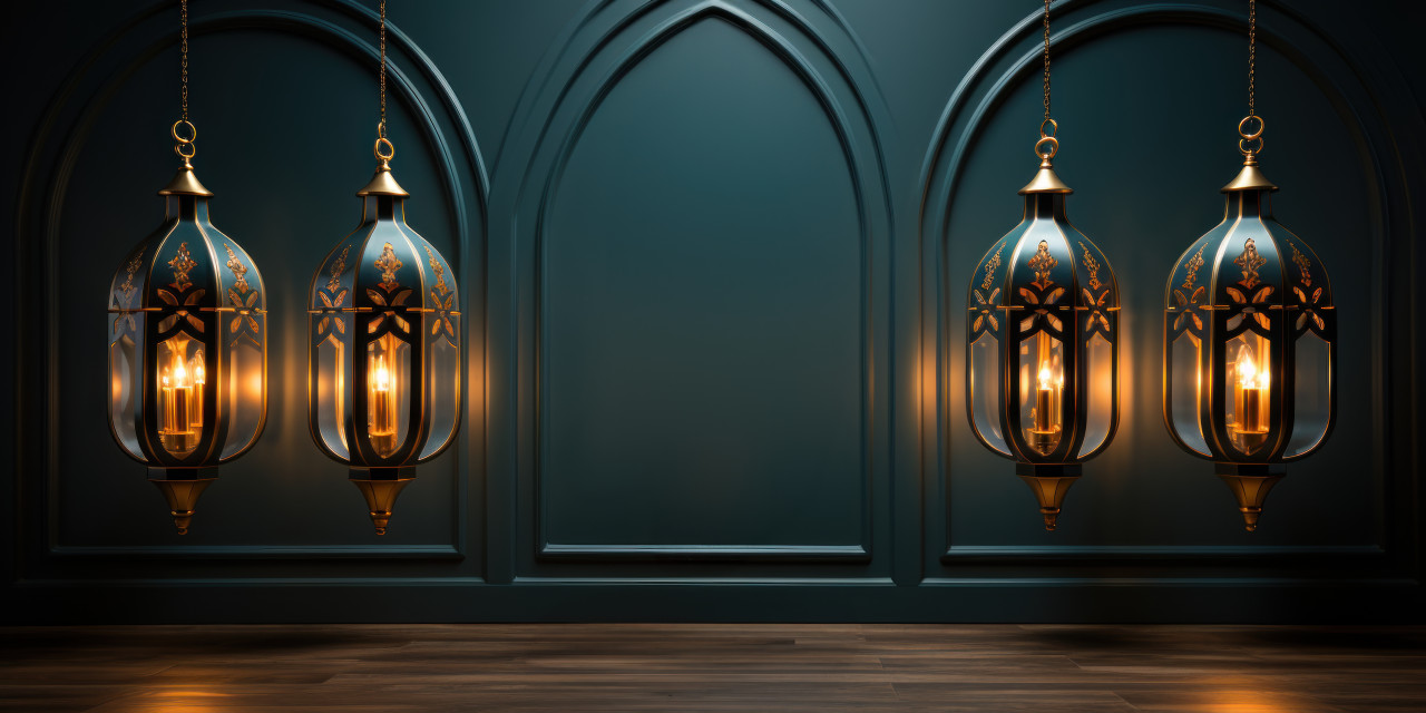 Elegant gold lanterns casting warm light on a cool blue canvas, ramadan and eid mubarak images