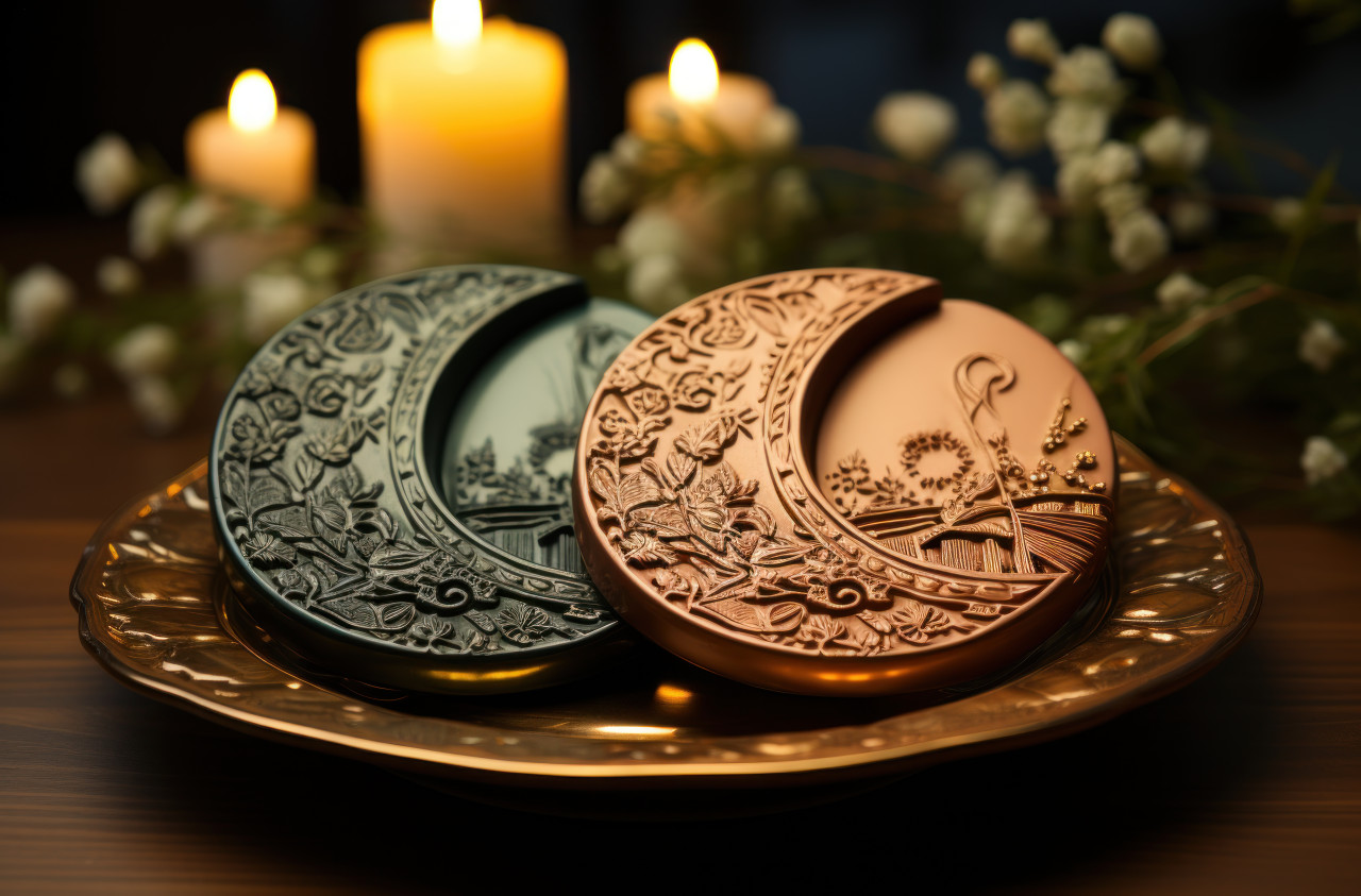 Harmony of two crescent moons and delectable desserts on paired round plates, ramadan and eid mubarak images