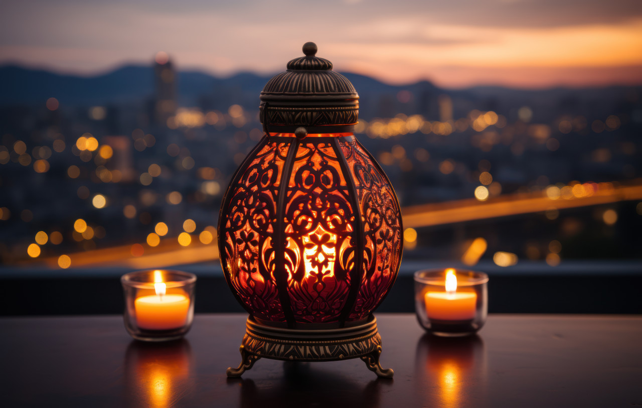 Illuminated oval lantern stands out against the city skyline, ramadan and eid mubarak images