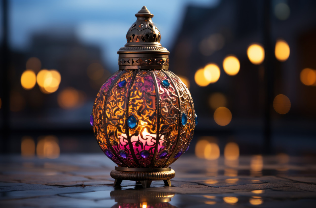 Ornate gold lantern with detailed designs showcased against a majestic purple and silver setting, ramadan and eid mubarak images