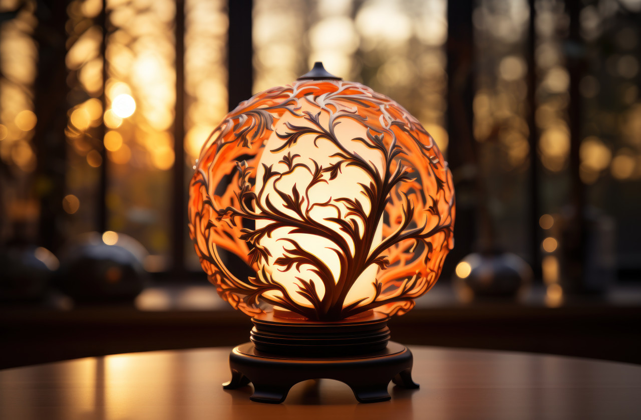 Serene ambiance as light dances through an artistic lamp onto a wooden floor, ramadan and eid mubarak images