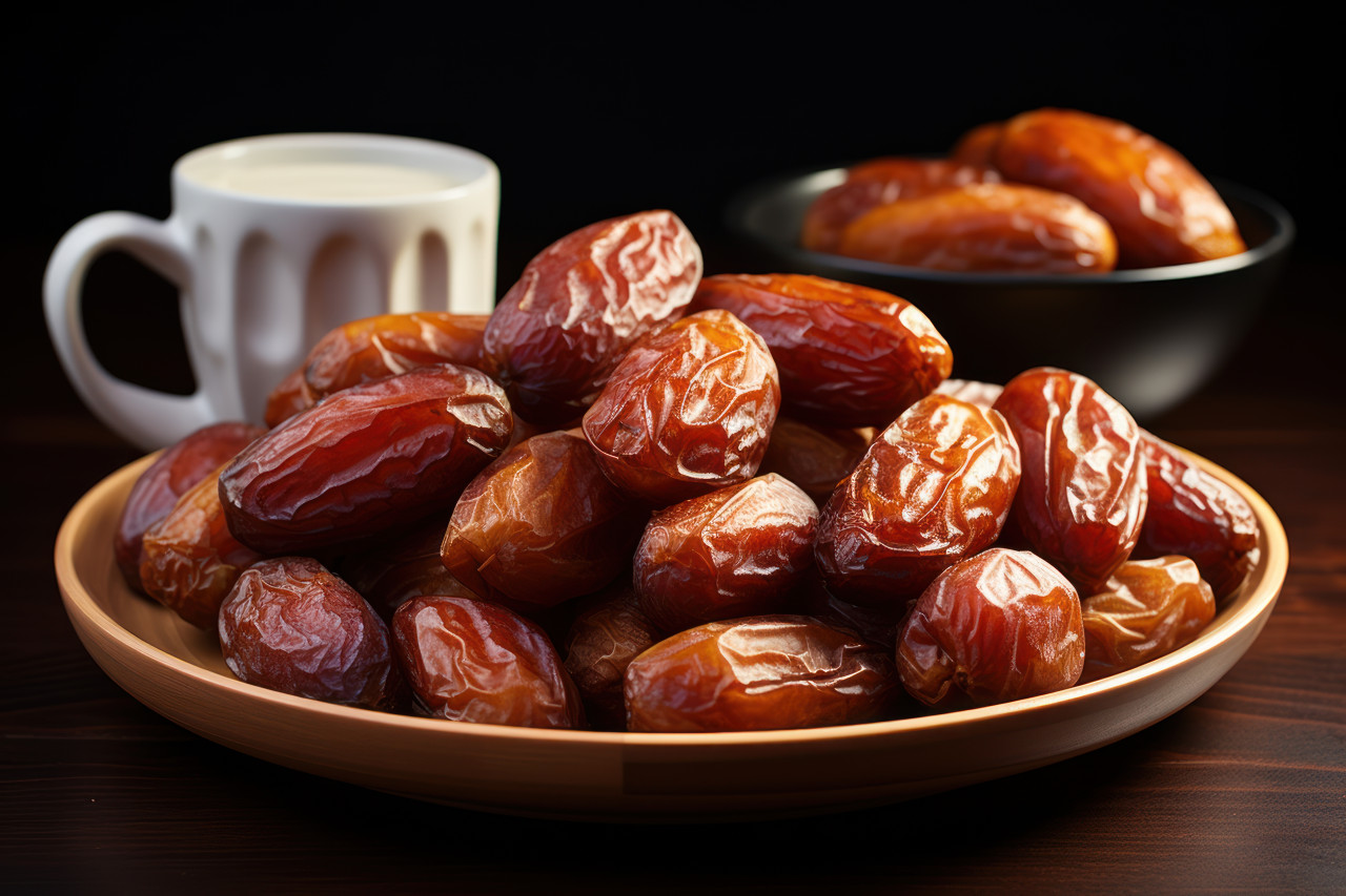 A plate filled with luscious dates in a minimalist composition, ramadan and eid mubarak images