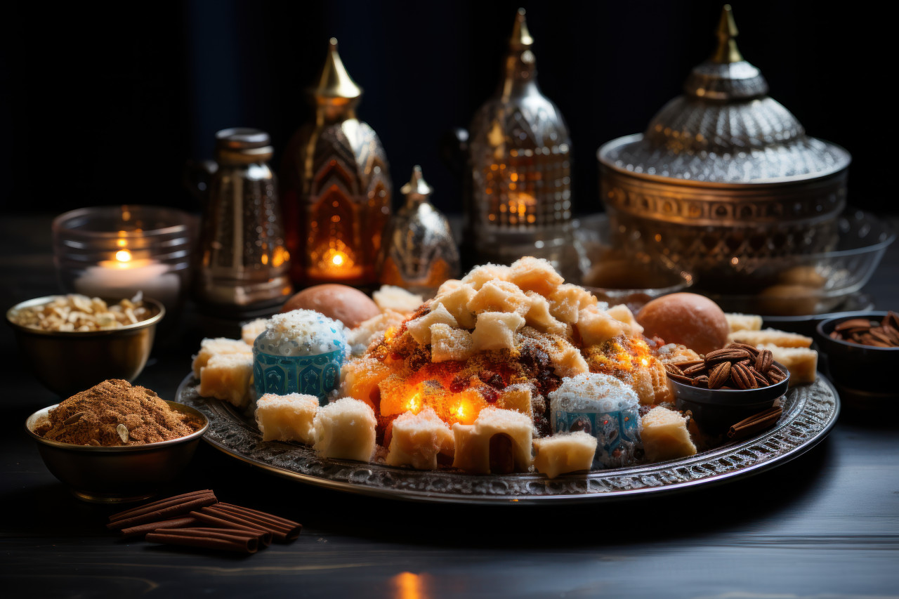 Ramadan sweets and exquisite mosque decor, ramadan and eid mubarak images