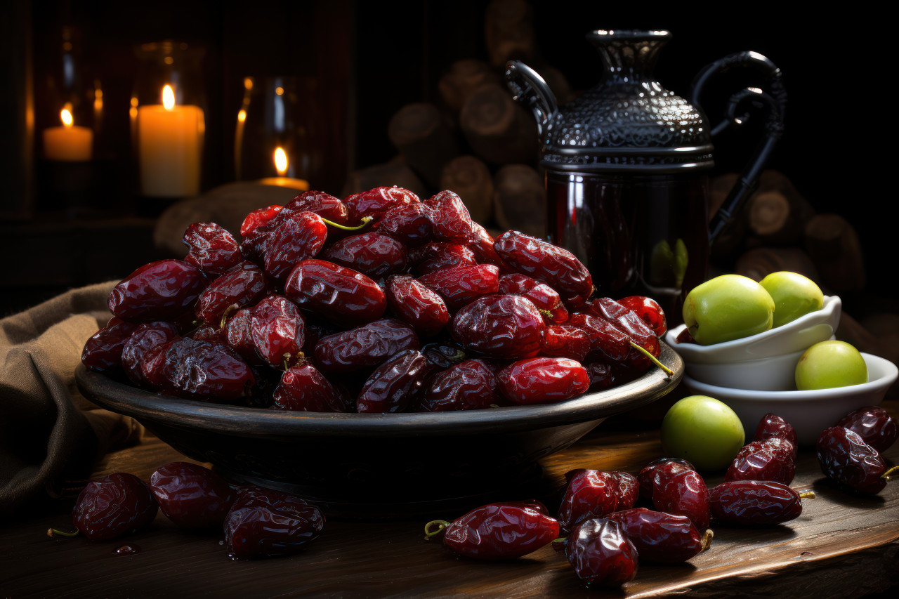 A delectable scene of dark red dates on a weathered wooden backdrop, ramadan and eid mubarak images