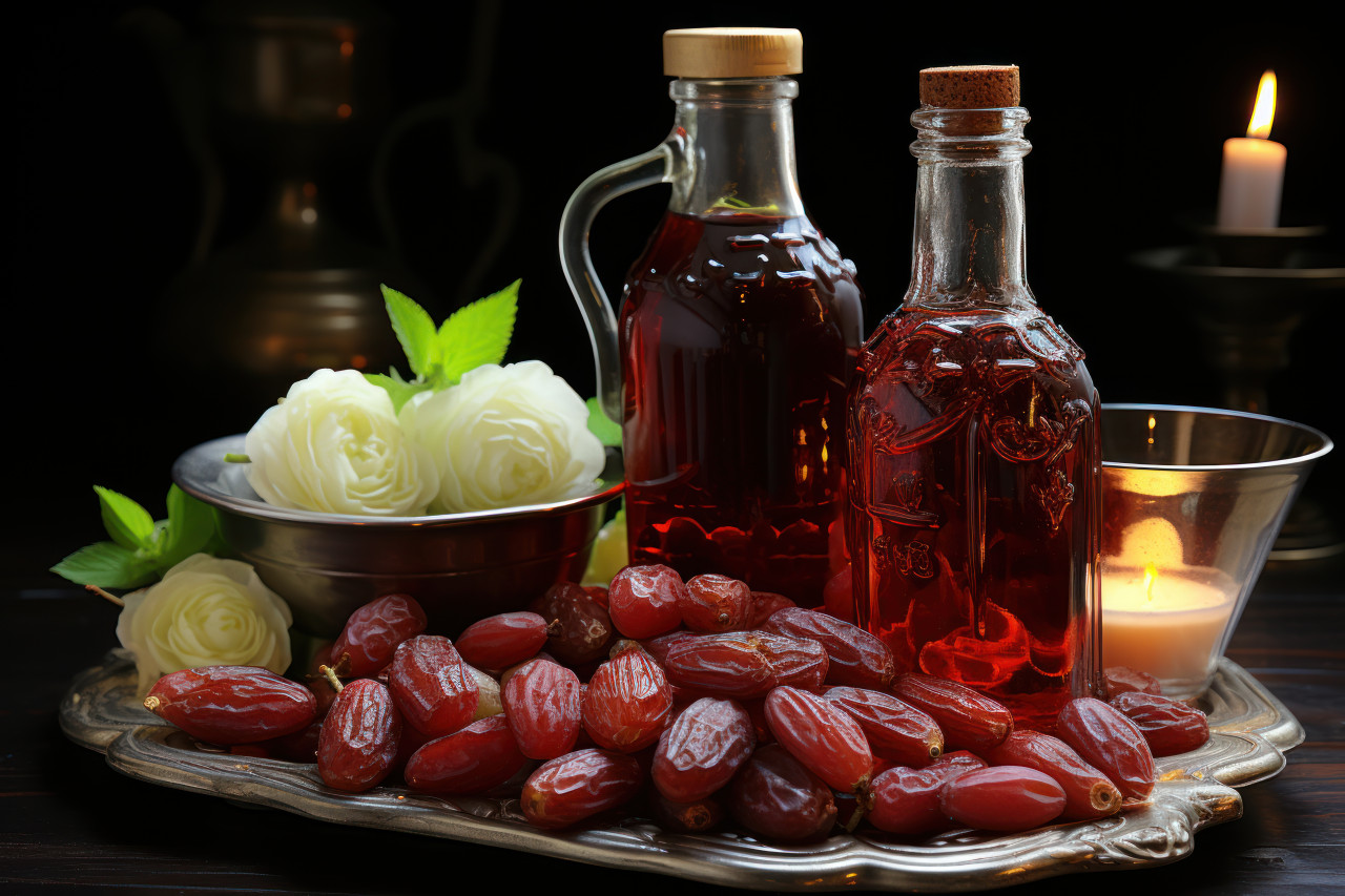 A drink container and a duo of dates in a simple yet elegant composition, ramadan and eid mubarak images