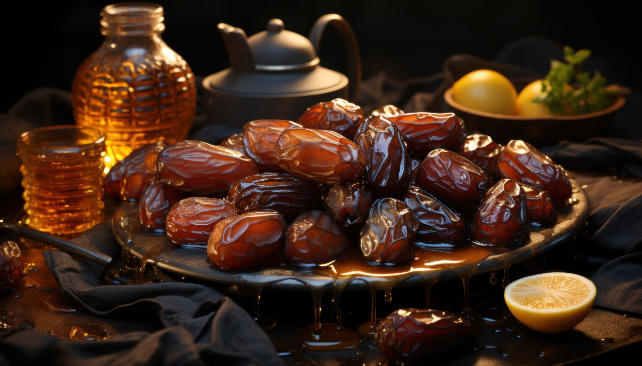 A detailed view of dates and honey creating a mouthwatering image, ramadan and eid mubarak images