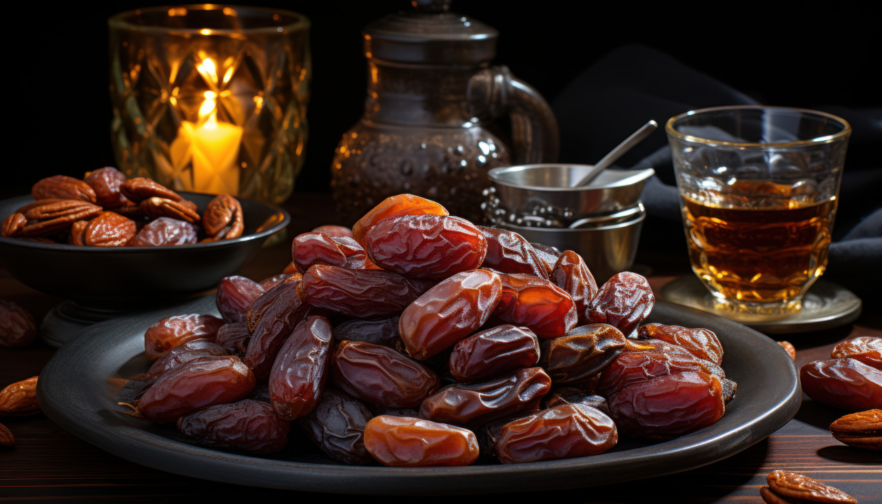 A sophisticated presentation of date clusters against a dark canvas, ramadan and eid mubarak images