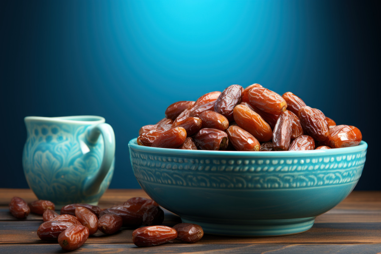 Fresh dates presented in a charming bowl on a blue wooden surface, ramadan and eid mubarak images